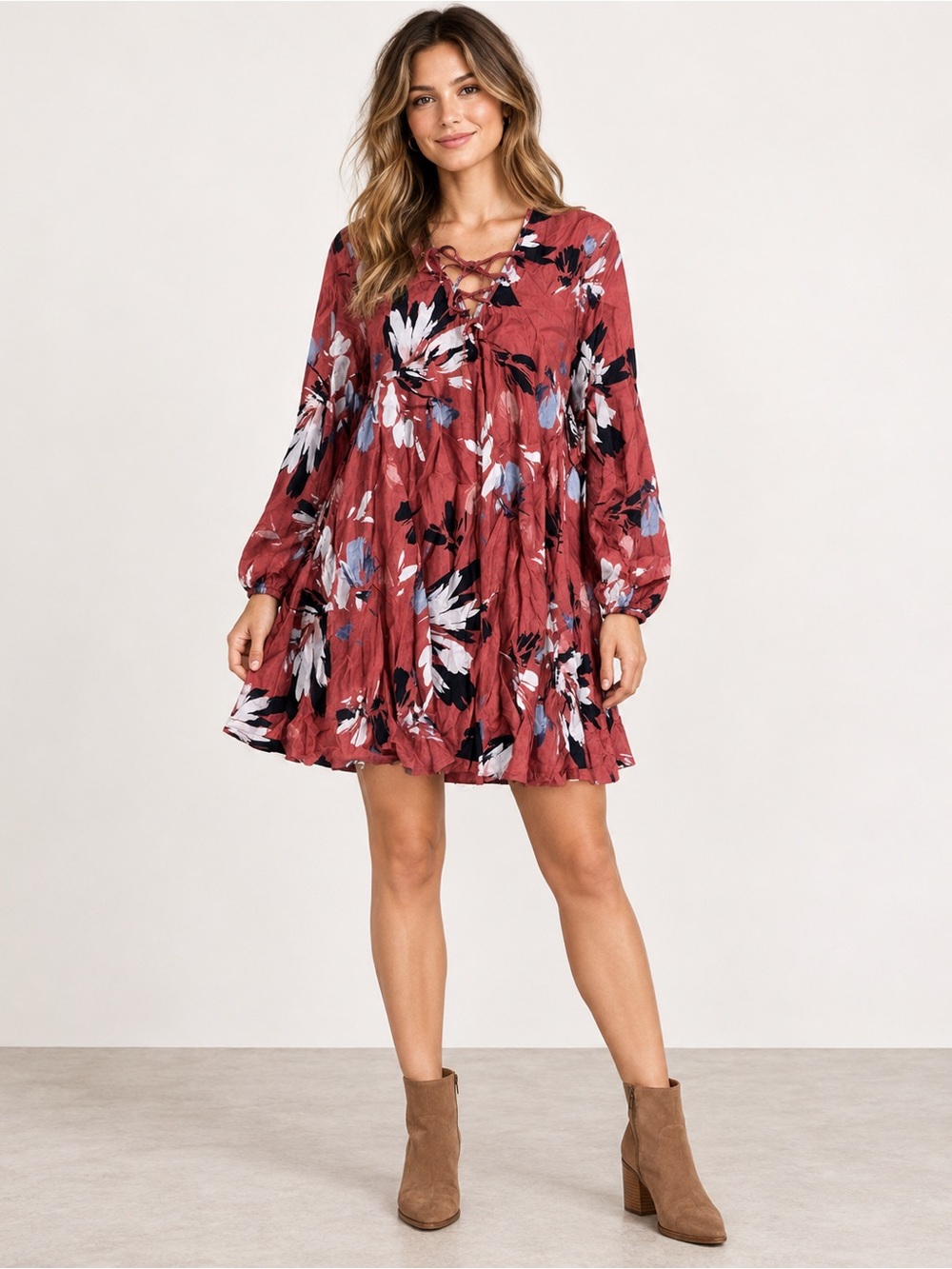 Yumi Kim Soho Mixer Coral Floral Lace Up Boho Swing Dress XS Cottagecore